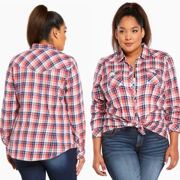 Torrid Plaid Camp Shirt Womens Plus SZ 2X Button Down Red Blue Classic Americana - Picture 11 of 11